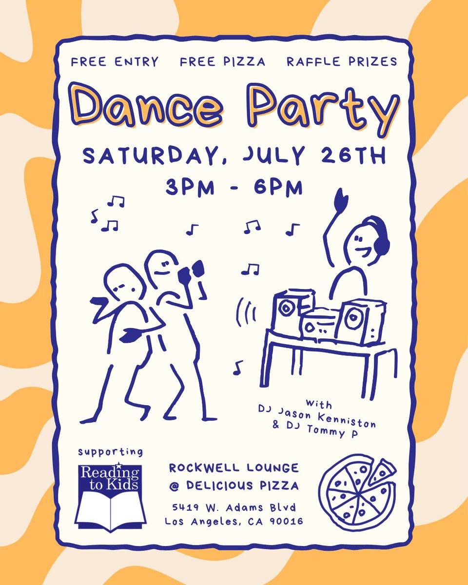 Join Reading to Kids volunteers for an afternoon of groovy tunes, raffle prizes, and free pizza (while it lasts)!

🎉 Saturday, July 26 | 3–6pm
📍 Rockwell Lounge, West Adams

#ReadingtoKids #VolunteerEvent