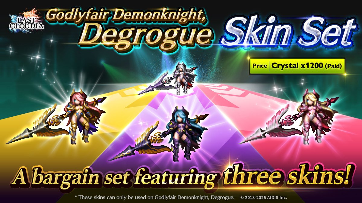 lastcloudiaen's tweet image. ✨Godlyfair Demonknight, Degrogue Skin Set is Here!✨

This time around, the special bundle includes three exclusive skins for Godlyfair Demonknight, Degrogue. Transform Degrogue&apos;s pixel art with the unit skins feature! 👀

(*Skins are cosmetic and don&apos;t affect unit abilities.)