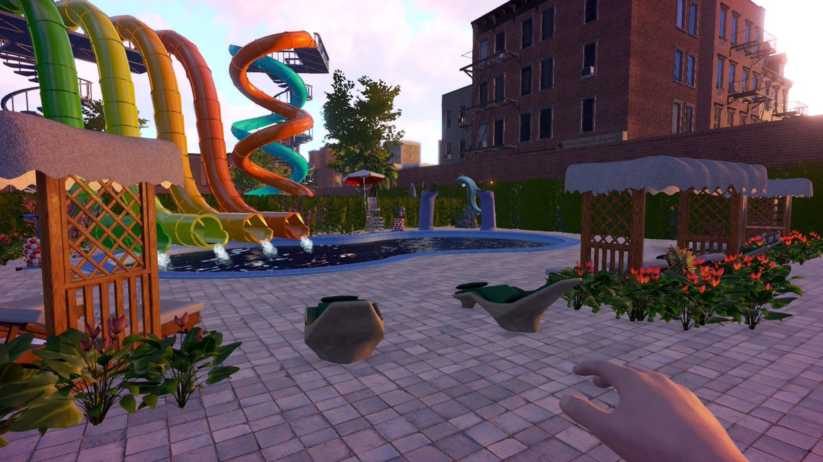 WaterParkSim's tweet image. Loving how the park looks at sunset 🌇 

#screenshotsaturday #waterparksimulator #simulatorgames