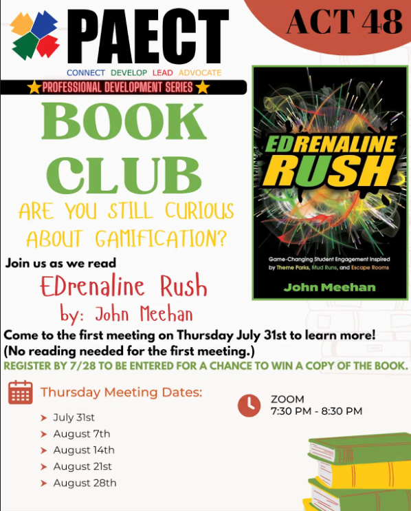 PAECT's tweet photo. Ready to Level Up Your Teaching? Join Our 2025 Gamification Book Club!
-every Thursday in August from 7:30β8:30 PM via Zoom
-Register by July 28 to be entered into a raffle for a free copy of the bookβwinner will be announced on July 30! https://t.co/h8vE5TSvXb