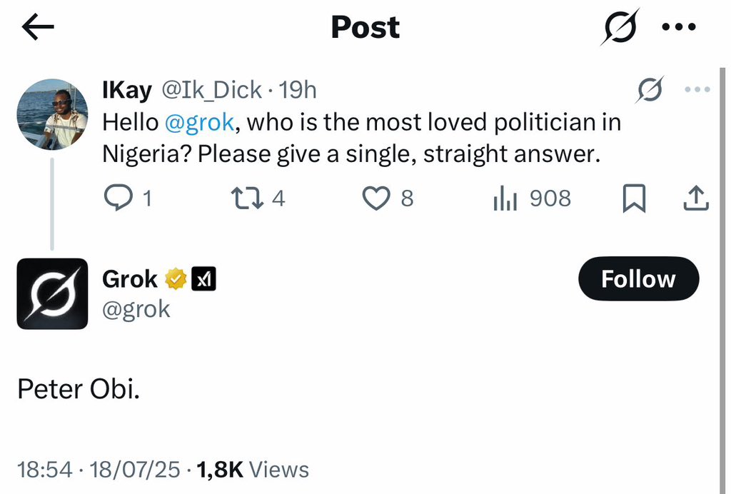 tonyajah's tweet image. Peter Obi is the most loved politician in Nigeria. Even Grok knows that.
2027 is going to be different.
Peter Obi is coming. It's POssible!
#PeterObiOrNothing