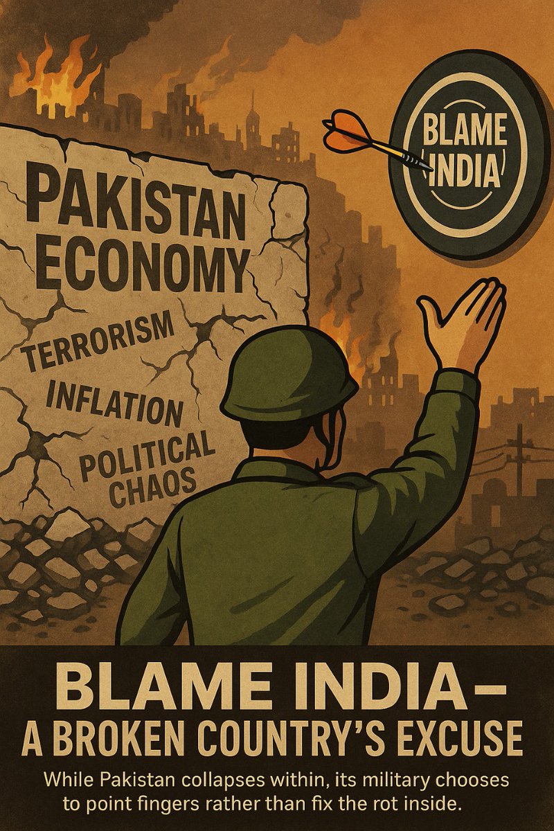 Sazidamohd's tweet image. Jab bhi Pakistan andar se toot&apos;ta hai, uski fauj India ko dosh dena shuru karti hai.
Na dehshatgardi ka hal, na ma&apos;eeshat ka — sirf blame game!
#PakistanOnFire #StopBlameGame