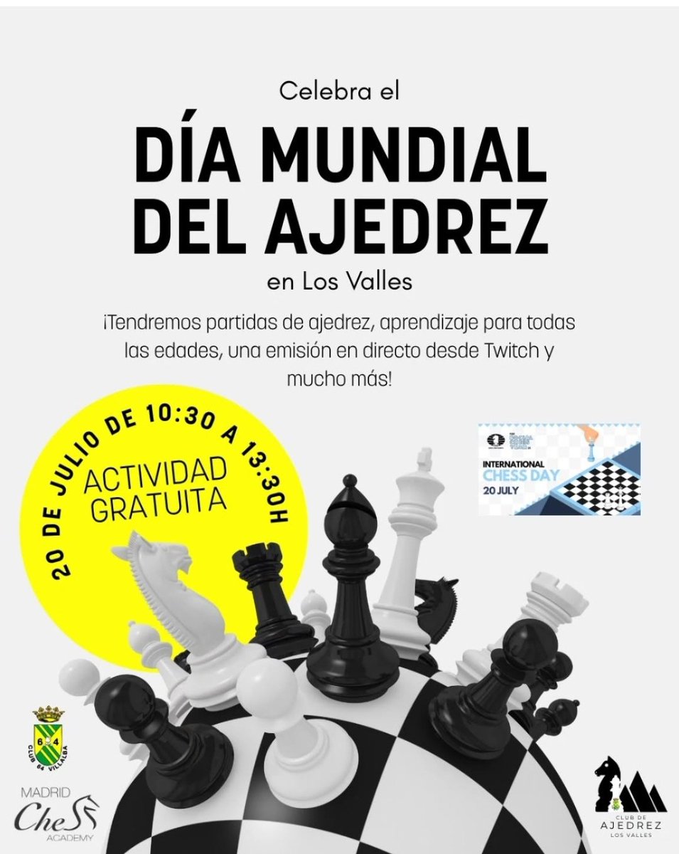 Tomorrow, Sunday, July 20, at the Los Valles Shopping Center (Collado Villalba-Madrid) from 10:30 AM to 1:30 PM, we will be fully engaged with chess. 

It is World Chess Day!!! This is not a tournament; it is a morning to enjoy, share, and play chess. twitch.tv/madridchessaca…
