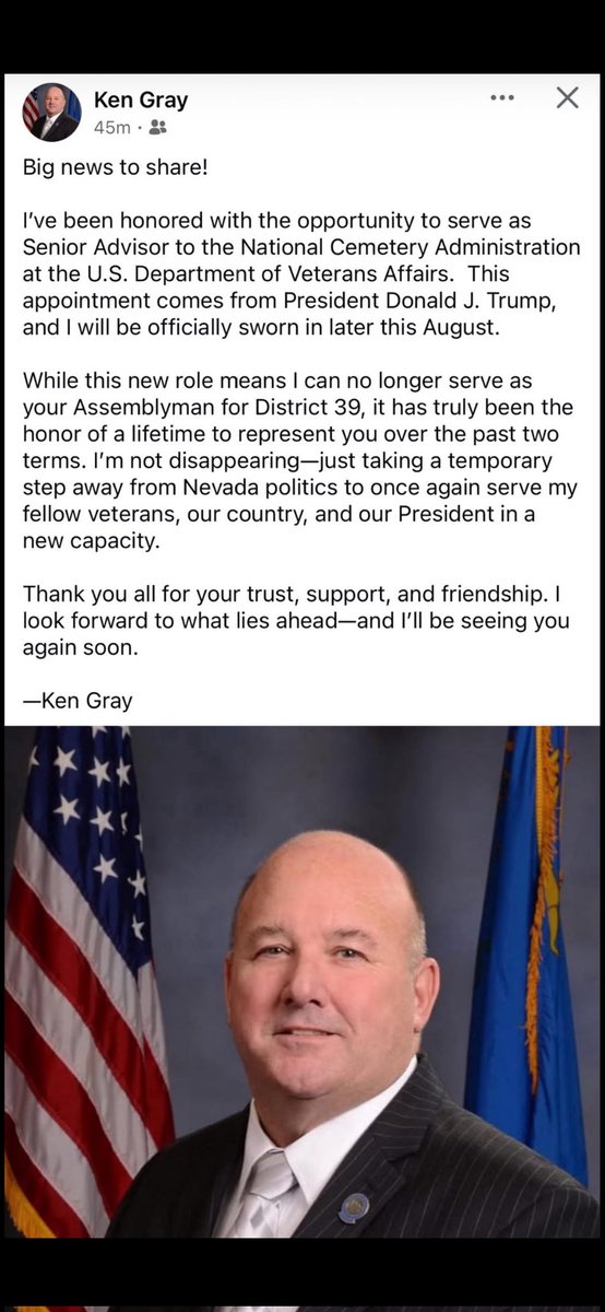 tabitha_mueller's tweet image. Assm. @KenGray4NV announces that he's going to serve as senior advisor to the National Cemetery Administration at the U.S. Department of Veterans Affairs.
He said the new role means he will no longer serve in the Assembly, but calls his time in office "the honor of a lifetime."
