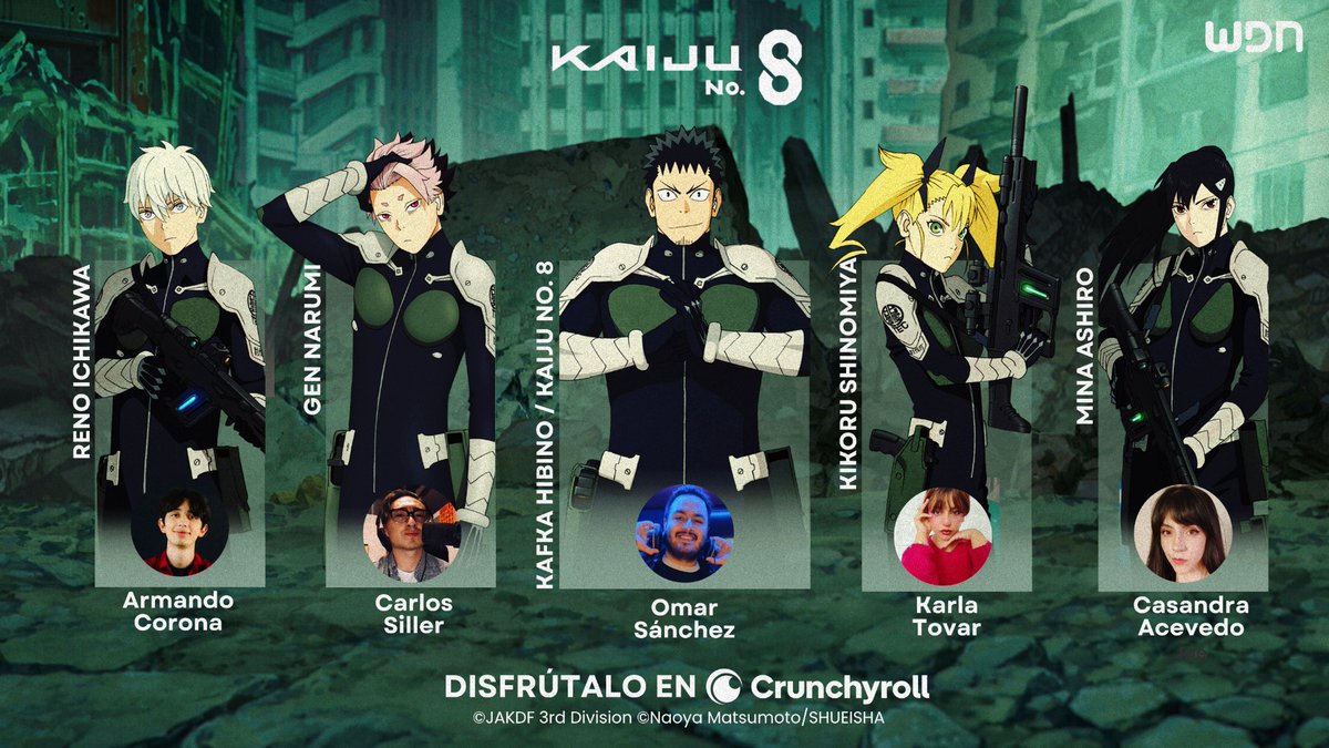 Kafka se une a la primera división mientras el caos de intensifica 💥
¡El doblaje de "Kaiju No.8 (T2)" ya llegó a Crunchyroll! 🧡
👊🏻 <a href="/omarvoiceo/">Omar Sánchez</a> es Kafka
👊🏻 <a href="/AruCorona22/">Armando Corona</a> es Reno.
👊🏻 <a href="/_kalipop/">Karla Tovar 🫐✨</a> es Kikoru
👊🏻 Casandra Acevedo es Mina
👊🏻 Carlos Siller es Gen