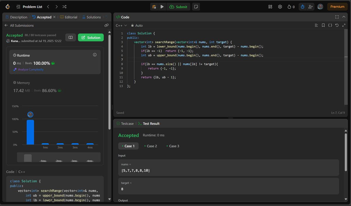 twt_Kunal's tweet photo. #DAY_17
Day 17/90         
✅3hrs of DSA - Done 4 questions today.
a) searchInsert - same as binary search.
b) Floor and Ceil 
c) searchRange
d) find no. of occurrences - by BS.
✅2hrs DEV - my react is reacting now 😁

#Beginner #LeetCode #BuildInPublic #DevJourney #90DaysOfCode https://t.co/ncMTEJ3kU1