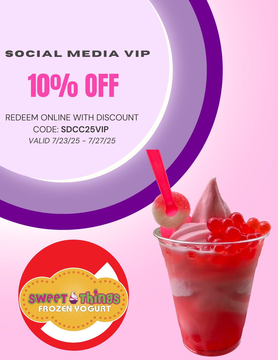 Sweet Things Frozen Yogurt (@sweetthingssd) on Twitter photo As a THANK YOU to all of our loyal followers, save this VIP card to your phone and show our cashiers for this #SDCC25 VIP 10% discount on orders during #SDCC25!🍍
Your VIP code can be redeemed online at order.toasttab.com/online/sweetth… 😎
<a href="/SD_Comic_Con/">SDCC Unofficial Blog</a> <a href="/ParksAndCons/">Parks And Cons</a> As a THANK YOU to all of our loyal followers, save this VIP card to your phone and show our cashiers for this #SDCC25 VIP 10% discount on orders during #SDCC25!🍍
Your VIP code can be redeemed online at order.toasttab.com/online/sweetth… 😎
<a href="/SD_Comic_Con/">SDCC Unofficial Blog</a> <a href="/ParksAndCons/">Parks And Cons</a>