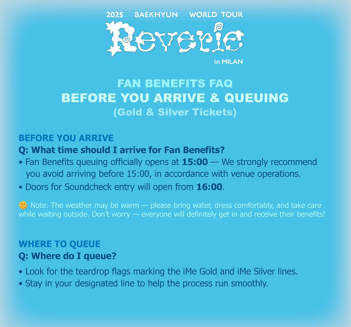 ime_europe's tweet photo. EXO-L! Here’s what you need to know for our Reverie Milan show. 
[Show Guide &amp; Fan Benefits FAQ]

2025 BAEKHYUN WORLD TOUR <Reverie> in MILAN 📆 JULY 20 (SUN) 🇮🇹 Fabrique Milano @fabrique_milano

#BAEKHYUN #백현 #Reverie #ReverieTour #ReverieEUROPE
#ReverieMILAN #iMeEU 

1/2 https://t.co/Njzwbk6TMr