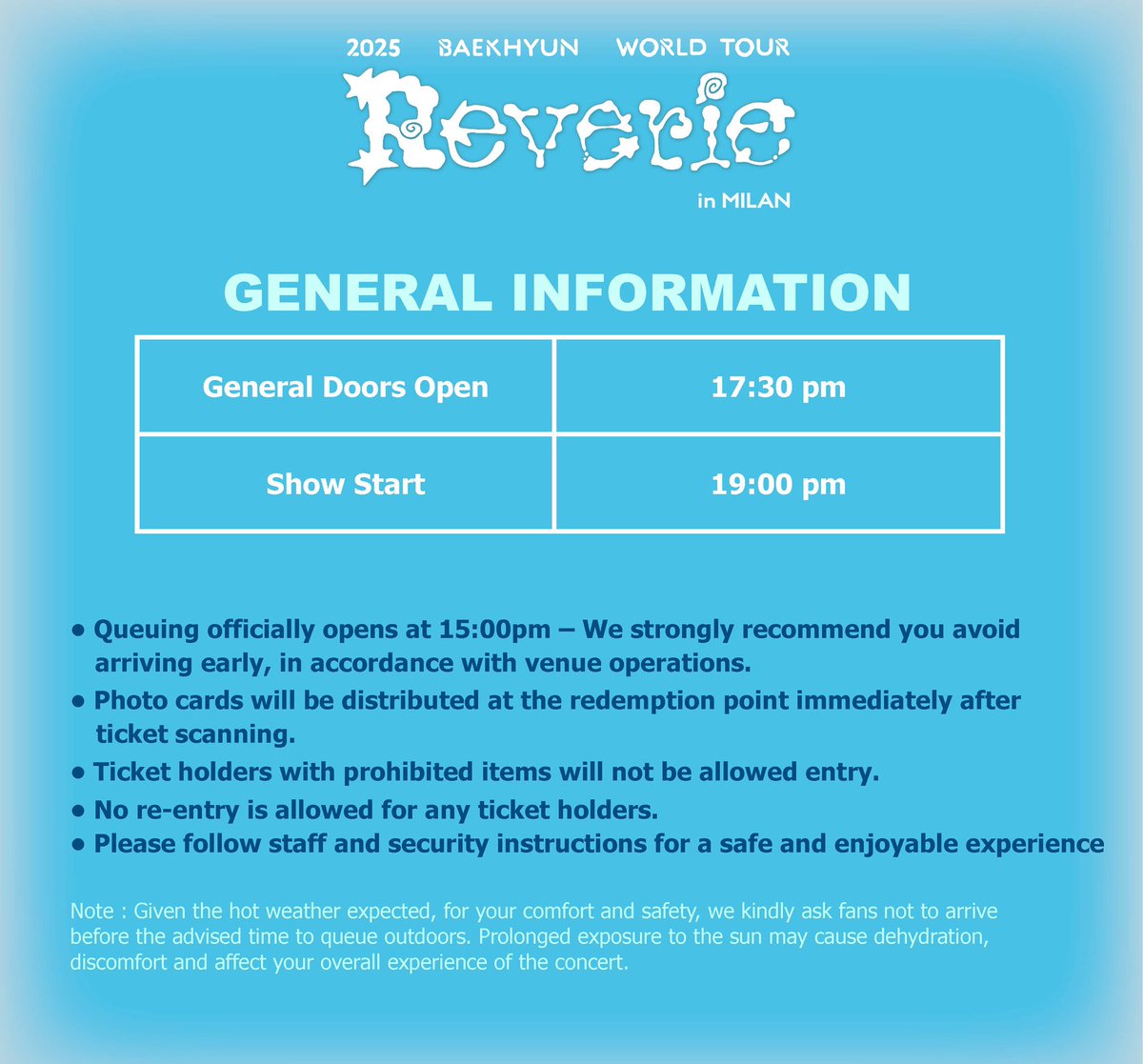ime_europe's tweet photo. EXO-L! Here’s what you need to know for our Reverie Milan show. 
[Show Guide &amp; Fan Benefits FAQ]

2025 BAEKHYUN WORLD TOUR <Reverie> in MILAN 📆 JULY 20 (SUN) 🇮🇹 Fabrique Milano @fabrique_milano

#BAEKHYUN #백현 #Reverie #ReverieTour #ReverieEUROPE
#ReverieMILAN #iMeEU 

1/2 https://t.co/Njzwbk6TMr