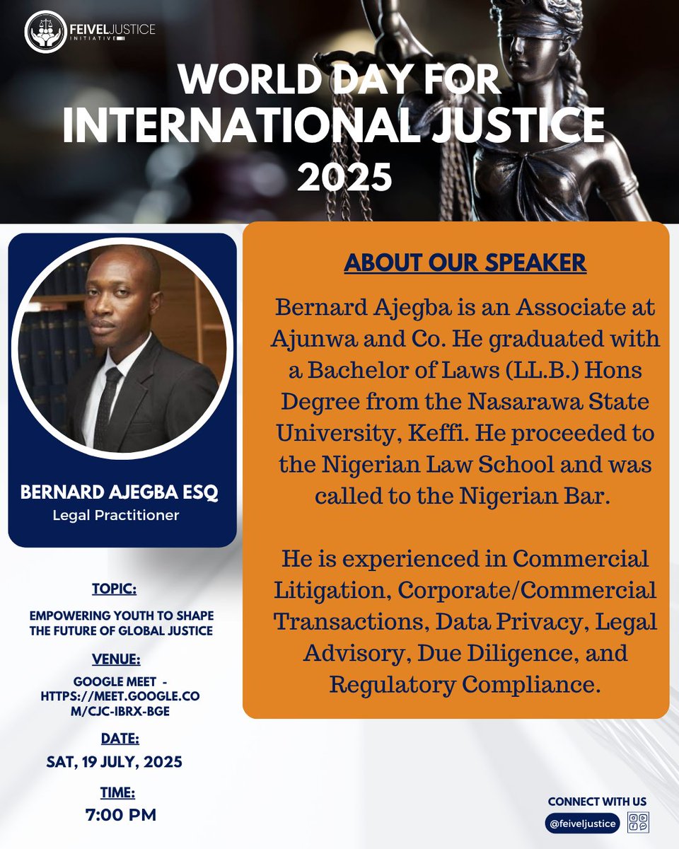 FeivelJustice's tweet photo. MEET OUR SPEAKER

Introducing Bernard Ajegba Esq, a dedicated legal practitioner passionate about building systems that work for the next generation.
📍 Google Meet: https://t.co/gLp90P2RaU https://t.co/izVbCxfk3U