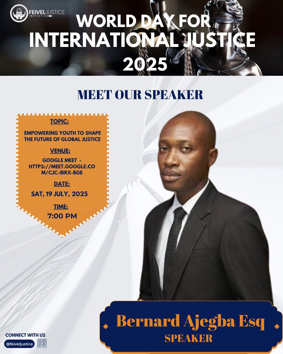 FeivelJustice's tweet photo. MEET OUR SPEAKER

Introducing Bernard Ajegba Esq, a dedicated legal practitioner passionate about building systems that work for the next generation.
📍 Google Meet: https://t.co/gLp90P2RaU https://t.co/izVbCxfk3U