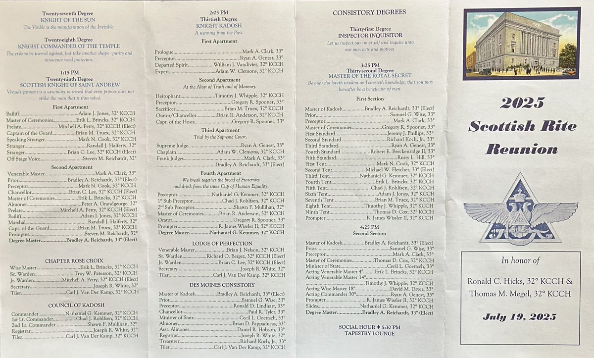toddjacobus's tweet image. Scottish Rite Valley of Des Moines Summer 1-day reunion today - honoring Brother Ronald Hicks 32° KCCH & Brother Thomas Megel 32° KCCH - will raise 7 Scottish Rite Masons. Great organization making good men better. #ScottishRite #Freemasons #Freemasonry #Masonry