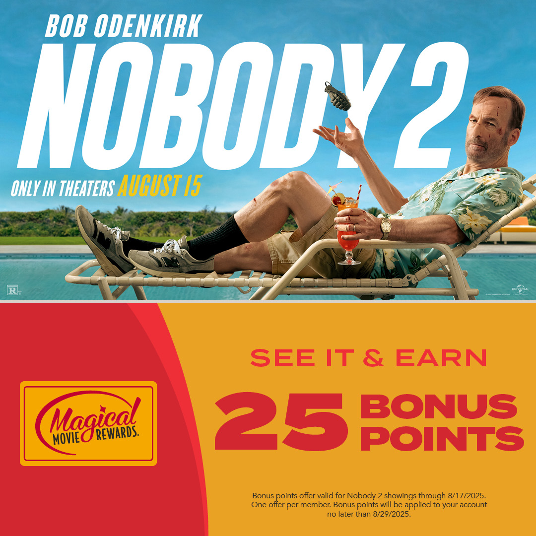 Magical Movie Rewards Members who buy a ticket and see #Nobody2 by August 17 will receive 25 bonus points! 🎟️: bit.ly/Nobody2Tickets