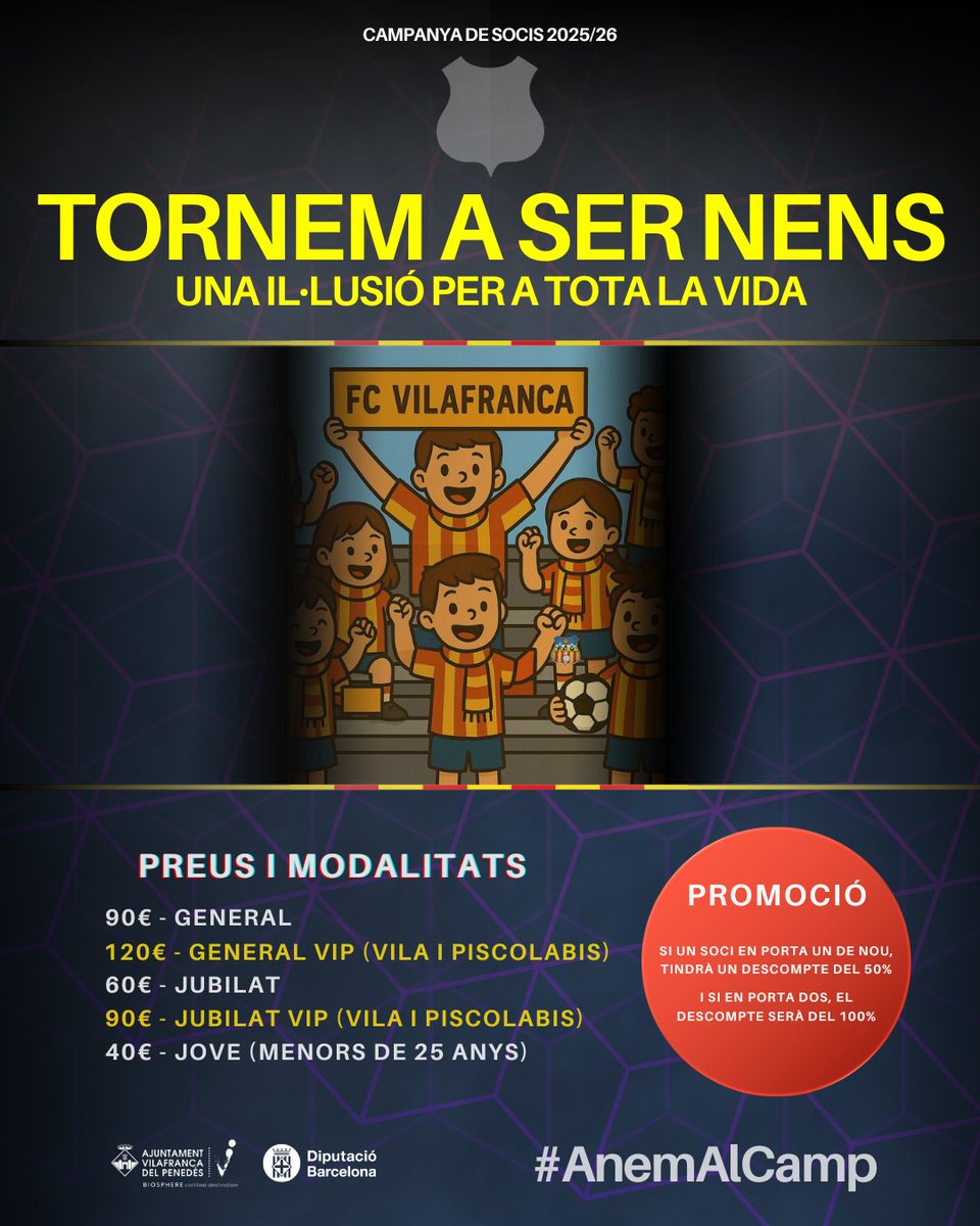 Encara no t'has assebentat???

Aquesta temporada TORNEM A SER NENS🤩

Torna a il·lusionar-te. Torna a gaudir del Vilafranca!!!

𝗙𝗘𝗦-𝗧𝗘 𝗦𝗢𝗖𝗜!!!

#AnemAlCamp
#LligaElit #futbolcat