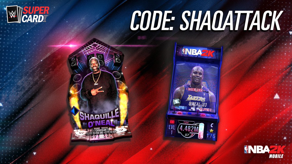NBA2KMobile's tweet image. Shaq in NBA 2K Mobile? Of course!
@SHAQ in WWE SuperCard. Best believe it!
Use code SHAQATTACK to receive a bonus Shaq card in NBA 2K Mobile and WWE SuperCard.
Redeem in-game for NBA 2K Mobile, Redeem at wwesupercard.com/redeem for WWE SuperCard.