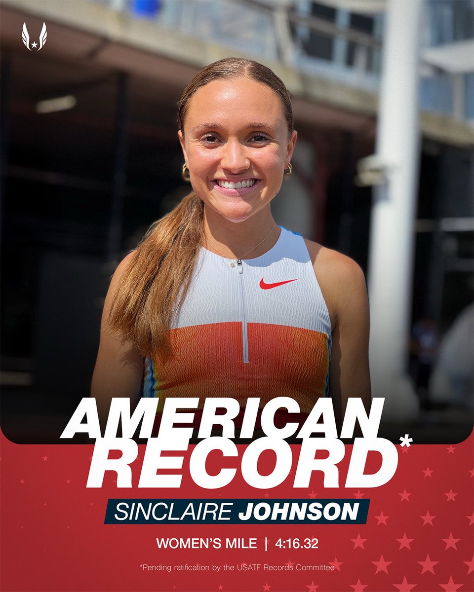 usatf's tweet image. 🇺🇸 NEW AMERICAN RECORD 🇺🇸
Sinclaire Johnson breaks the American Record in the Women’s Mile running 4:16.32 at Diamond League in London💥