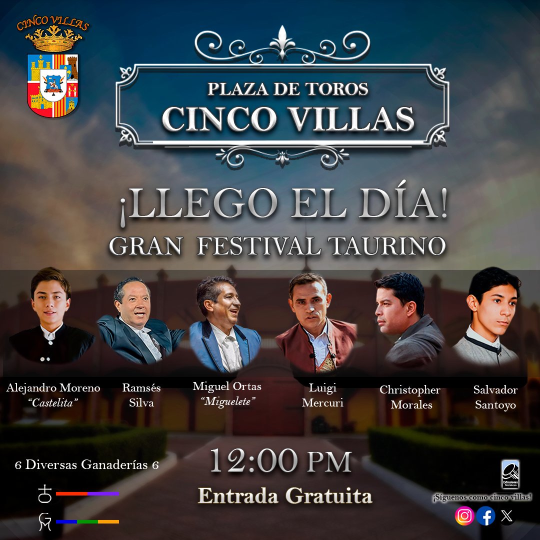 🎉 ¡Llegó el día!

📍 Gran Festival Taurino

🕛 12:00 PM | 🎟️ Entrada Gratuita

¡Ven con tu familia y acompáñanos en una tarde llena de arte y tradición!

#CincoVillas #FestivalTaurino #HoyEsElDía #FiestaBrava #TorosGratis #ViveLaTradición