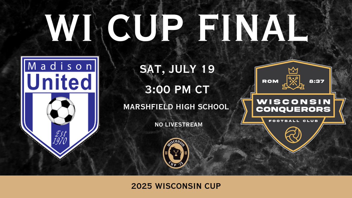 WI CUP CHAMPIONSHIP

The WI Conquerors (NPSL) take on Madison United (MSA) in the 2025 title match in Marshfield 

No stream but we will try to post updates! 🏆

🎟️: tickets.npsl.com/events/2025-wi…