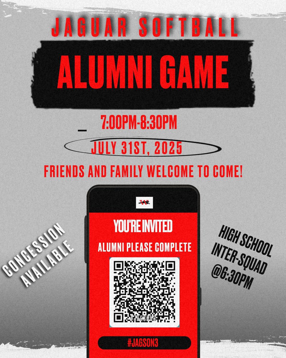 Hey Jaguar Alum! If you are a Westmoore Alum and part of Westmoore Softball we invite you to come to the Alumni Game on July 31st, 2025! If you plan to participate or just attend, please complete the form through the QR code provided! 
We look forward to seeing you!  #jagson3