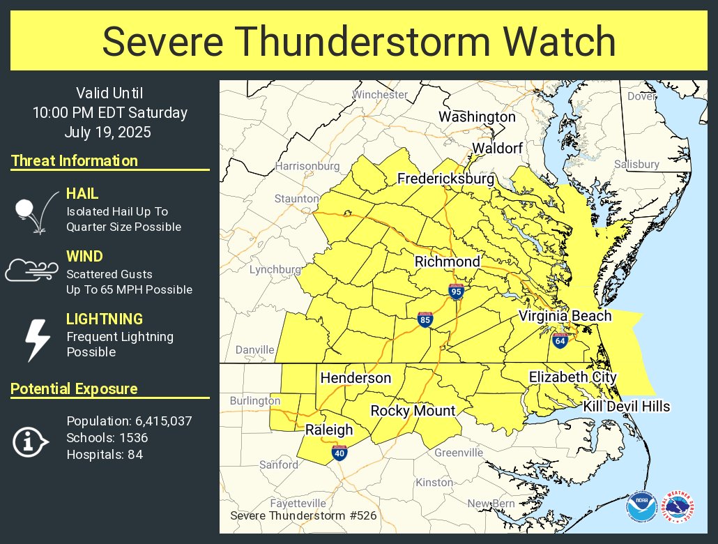 A severe thunderstorm watch has been issued for parts of Maryland, North Carolina and Virginia until 10 PM EDT