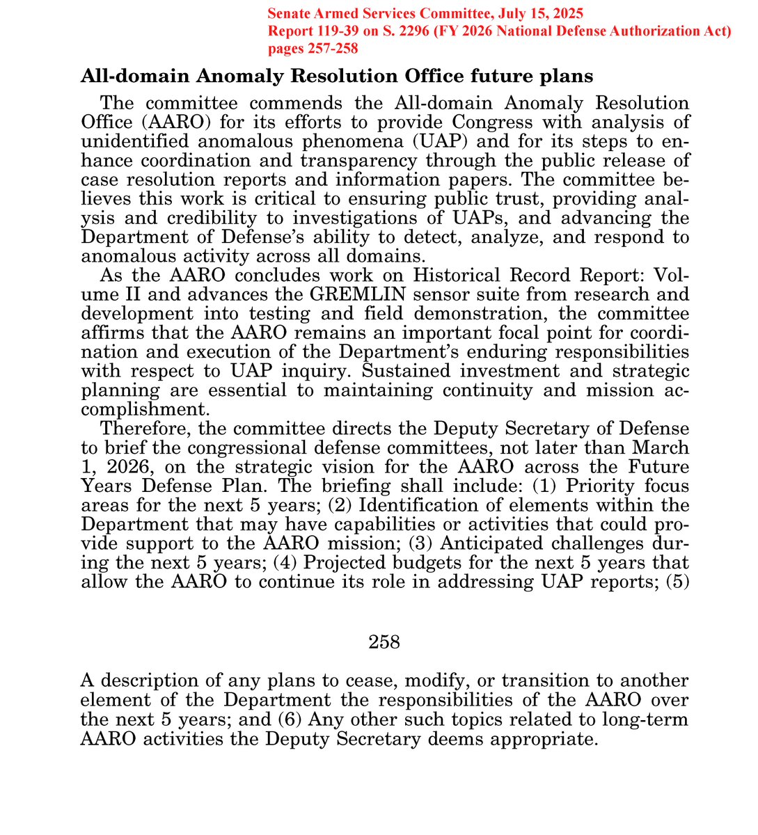 SENATE ARMED SERVICES COMMITTEE REPORT SEEKS "INTEGRATED SENSING ROADMAP" and FIVE-YEAR PLAN FOR PENTAGON UFO OFFICE (AARO)

The Senate Armed Services Committee has filed its official report on the FY 2026 National Defense Authorization Act (NDAA, S. 2296). With respect to