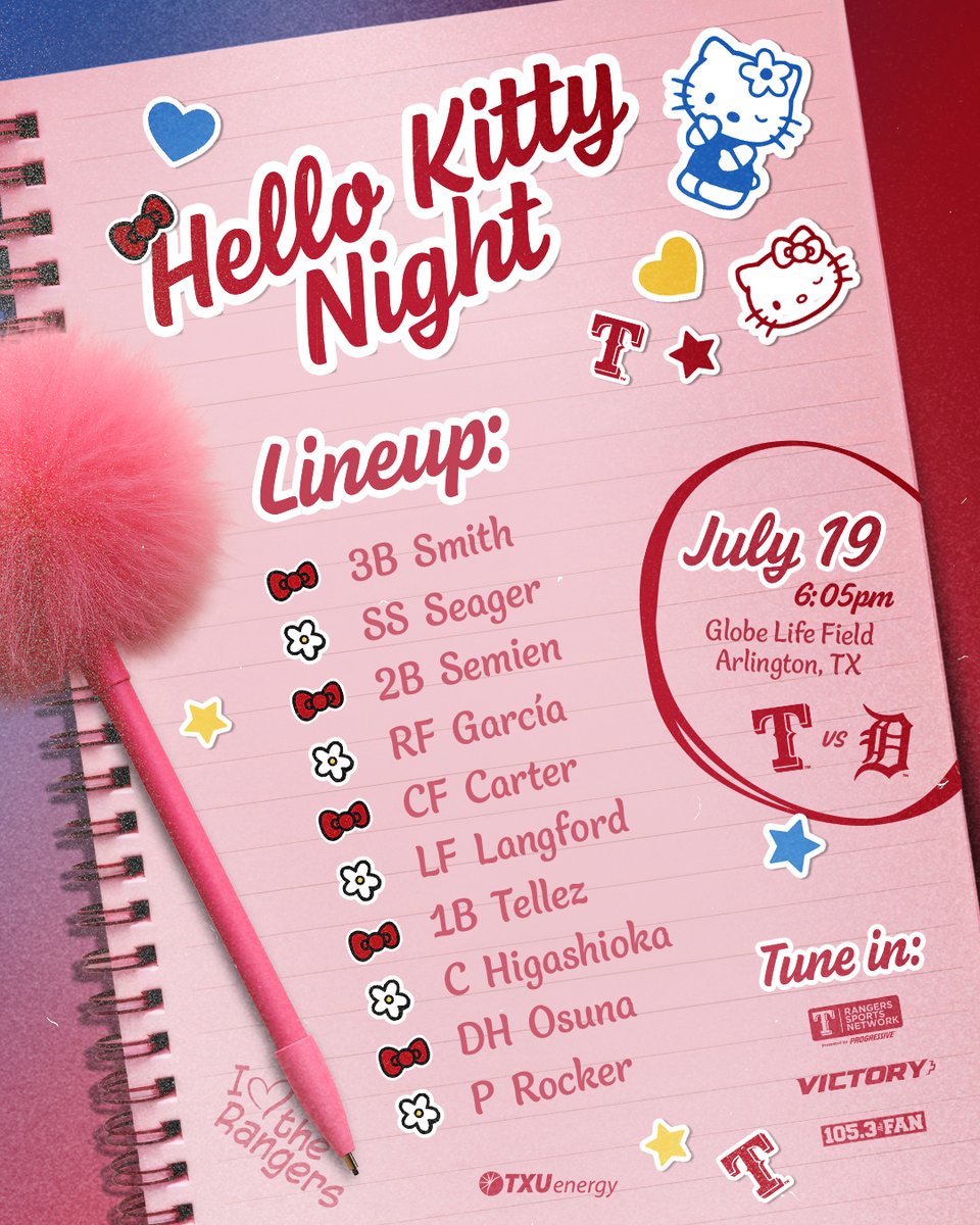 Rangers's tweet photo. It's @hellokitty Night at the ballpark! 😺 https://t.co/ZhMi9JrpS5