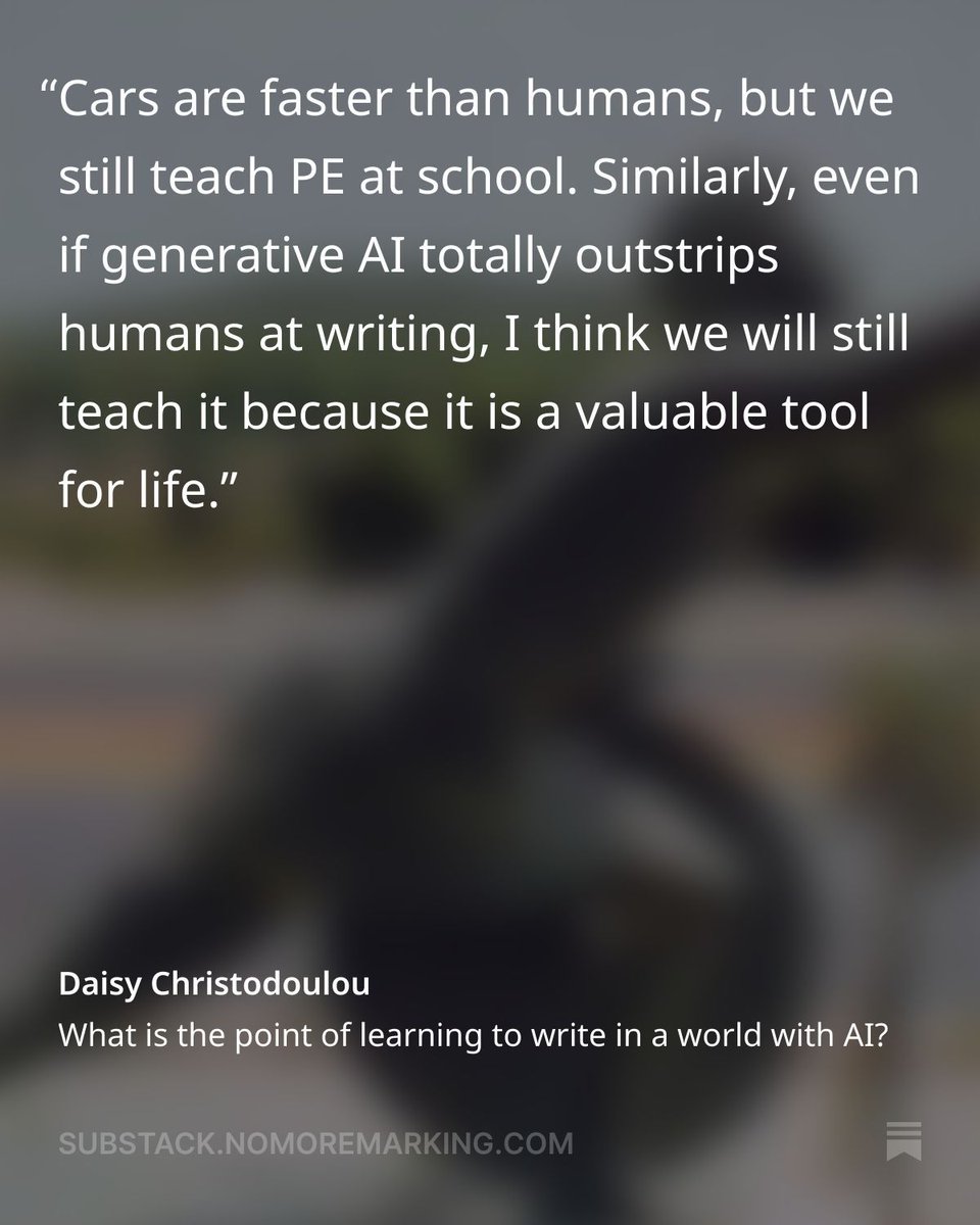 daisychristo's tweet image. Suppose AI *does* totally obliterate the economic value of being a good writer.
Even if that happens, I still think there is a powerful argument for teaching writing because it's a really valuable life skill.
substack.nomoremarking.com/p/what-is-the-…