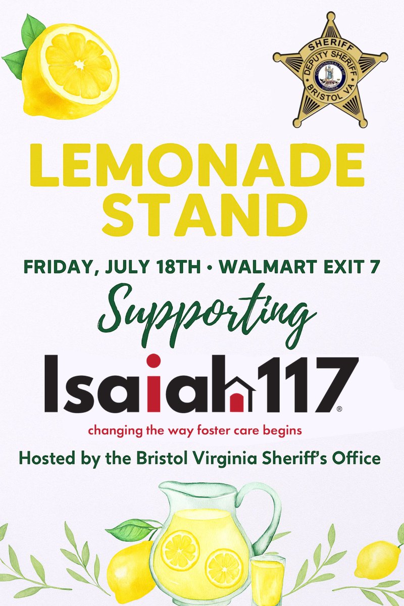 Bristol Virginia Sheriff's Office (@sheriffbristol) on Twitter photo Yesterday we were honored to participate in this year's <a href="/Isaiah117House/">Isaiah117House</a> Lemonade Week fundraiser at Walmart exit 7. What a great day meeting generous shoppers. Thank you <a href="/IsraelOQuinn/">Israel O'Quinn</a> and vice mayor Jake Holmes for spending time with us. Yesterday we were honored to participate in this year's <a href="/Isaiah117House/">Isaiah117House</a> Lemonade Week fundraiser at Walmart exit 7. What a great day meeting generous shoppers. Thank you <a href="/IsraelOQuinn/">Israel O'Quinn</a> and vice mayor Jake Holmes for spending time with us.