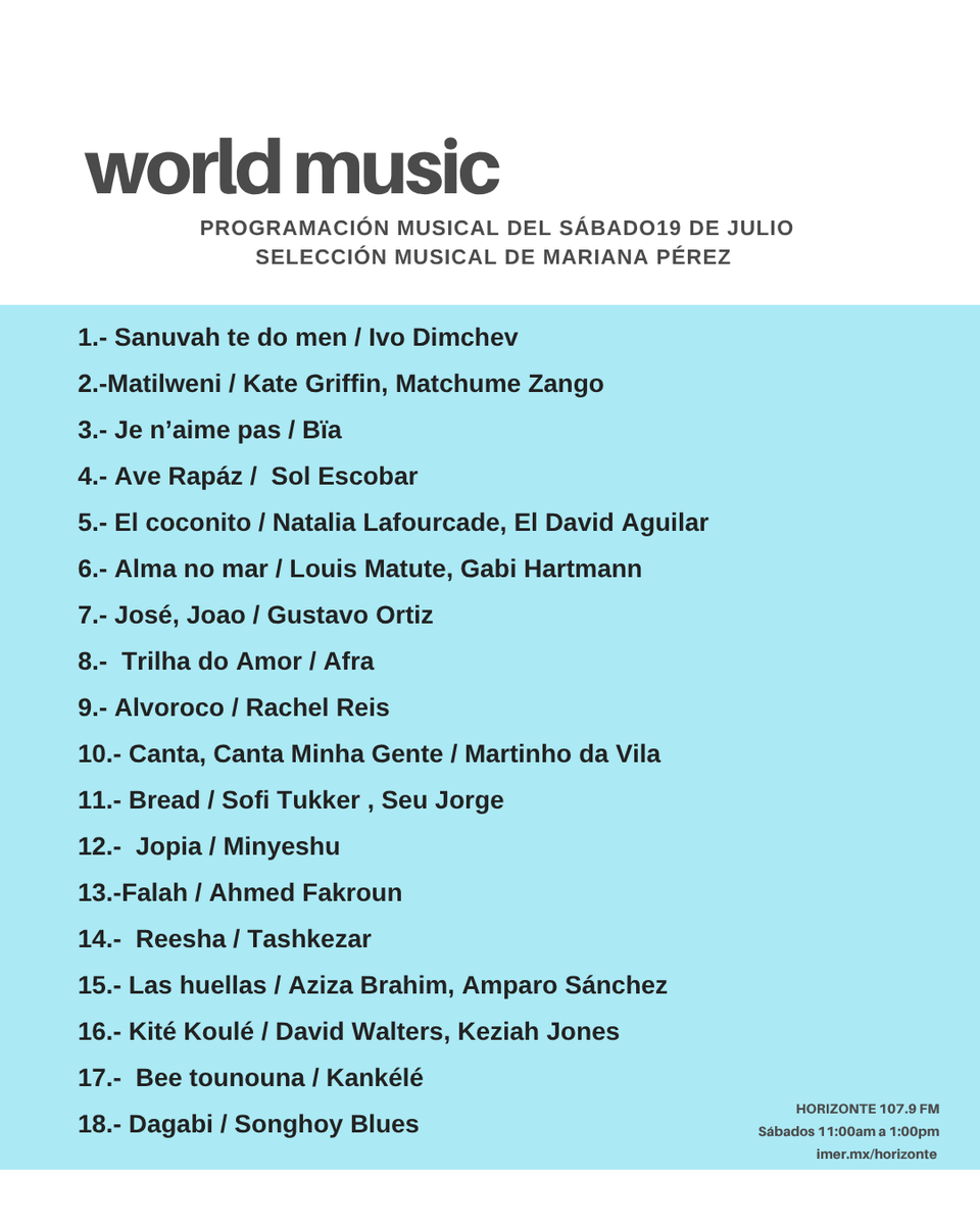 Les comparto la lista de temas que sonaron en la barra de música del mundo de @horizontejazz el sábado 19 de julio. 
¡Gracias por acompañarnos a derribar fronteras musicales!