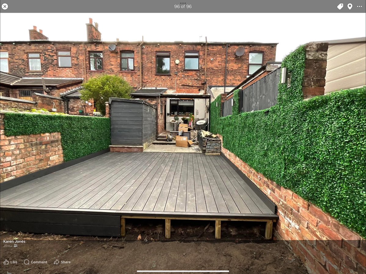2 weeks ago a decided to put a hammer to my old decking and chop down a tree bad idea to har a  job

Work in progress and costing a fortune 
Had to get professionals in to clear mess up and fit new
Composite decking and to remove tree 😂 
I am fitting the living wall though x