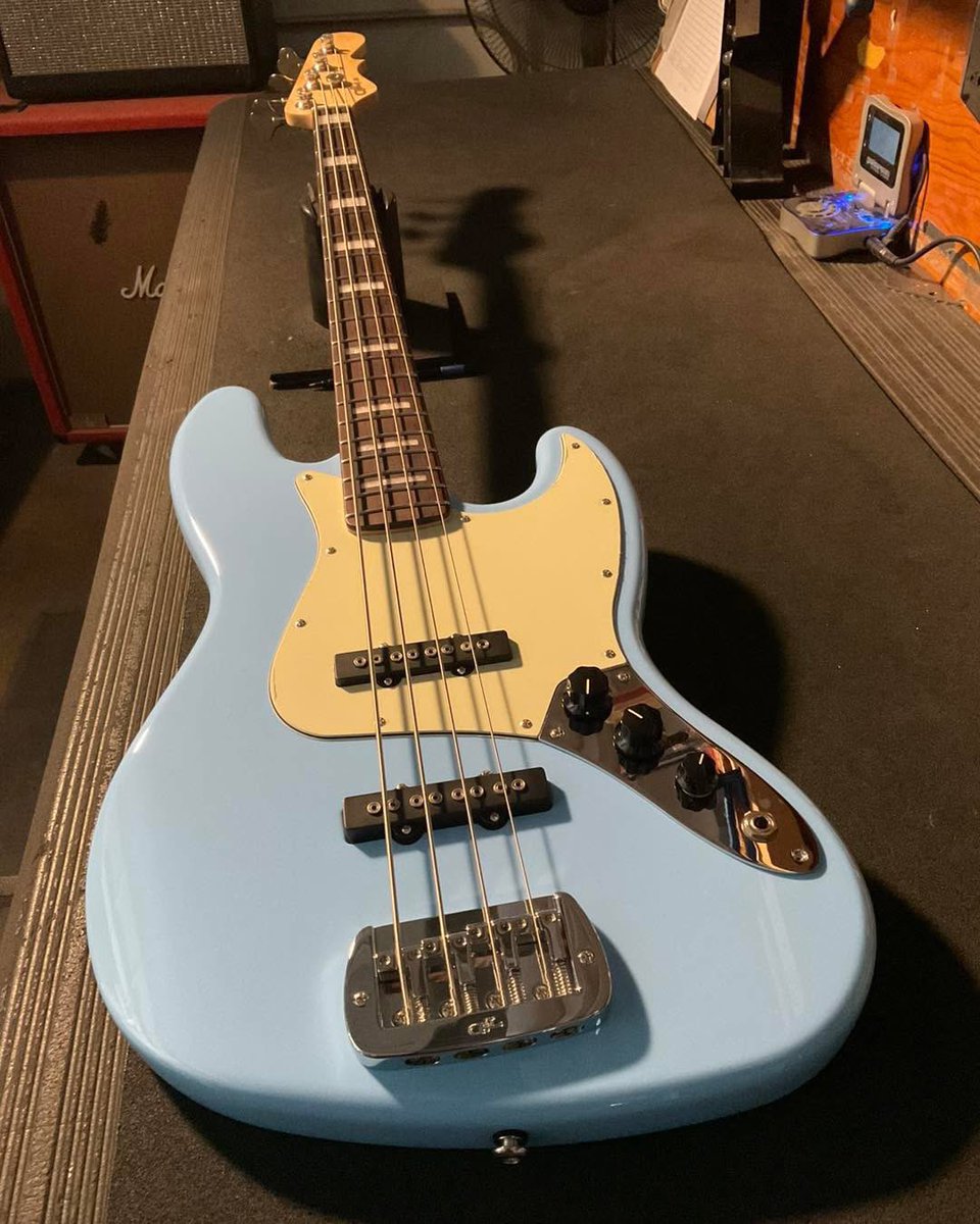 Build-To-Order JB MFD in Himalayan Blue over alder, 3-ply mint guard, hard rock maple neck with rosewood fingerboard, Vintage Tint Satin finish, pearl block inlays. Built for G&amp;L Premier Dealer UpFront Guitars in Bellingham, Massachusetts.