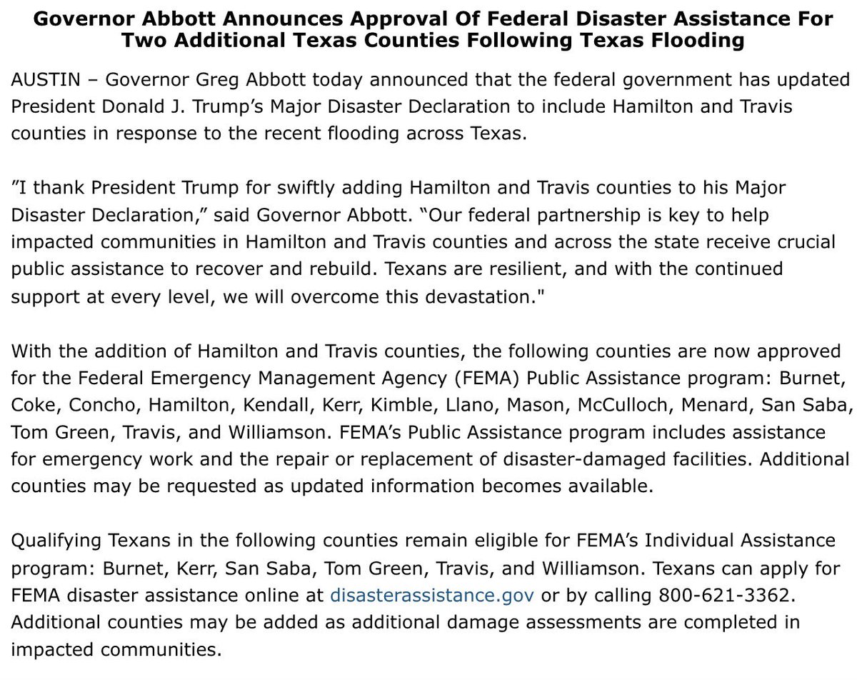 GovAbbottPress's tweet image. Governor @GregAbbott_TX today announced that President Trump added Hamilton and Travis counties to his Major Disaster Declaration.
Texas' federal partnership is key to help impacted communities recover and rebuild.
More here: bit.ly/44GXdmY