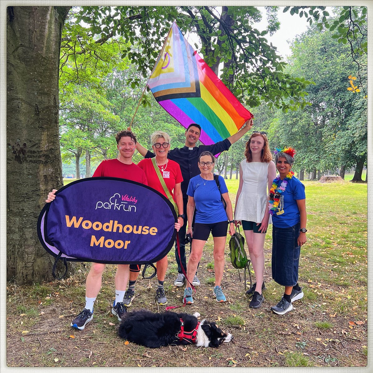 Bettylawless's tweet image. Day 200/365 #photoaday
Kicked off the weekend with Pride parkrun—or parkwalk for me and barkrun for Rigby. Here we are at the finish line, posing for the camera while Rigby takes a small rest @parkrunUK 
#parkrun