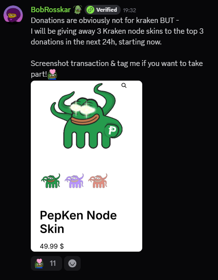 BobRosskar's tweet image. Take the chance to get a kraken skin node while sponsoring @PepecoinNetwork - XT.com listing 💚🐸