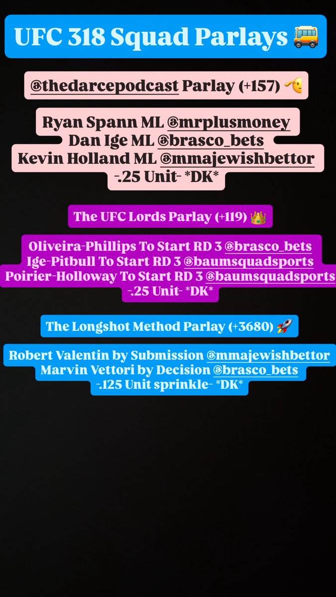 BrascoBets's tweet image. UFC 318 Squad Parlays! @mmajewishbettor @BaumsquadBets @MrPlusMoneyy
