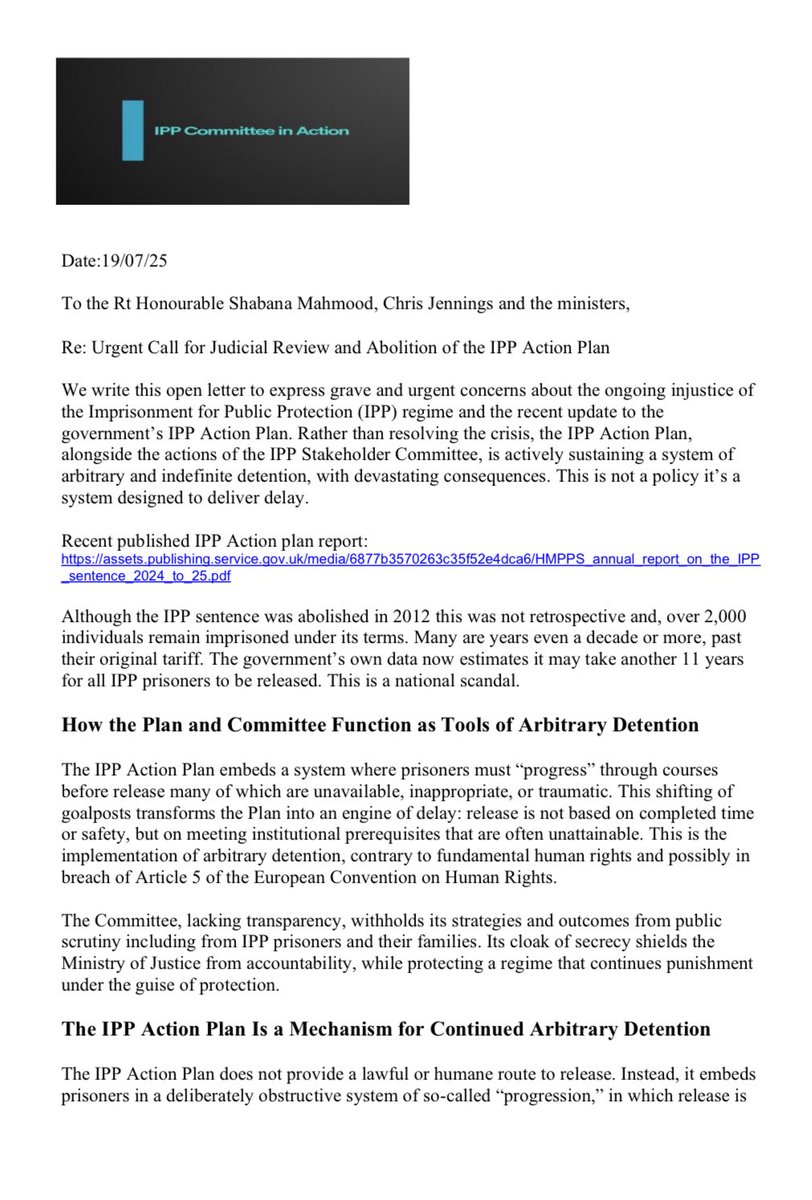 ActionIpp's tweet image. Our urgent Open letter to @MoJGovUK @ShabanaMahmood @JamesTCobbler in response to the recently published IPP Action Plan, we are calling on you with urgency to end the IPP Action plan and urgently implement these actions, which will bring a full end to the IPP sentence!