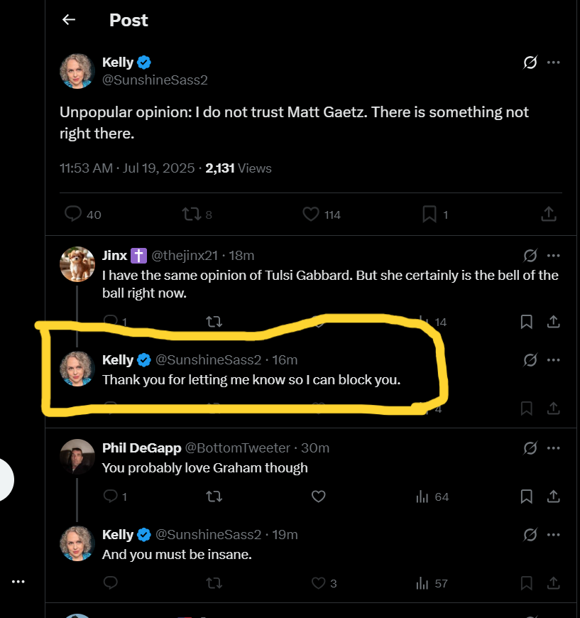 You can't make this shit up!!

PS: I'm not a huge Tulsi fan. Never have been. Don't particularly like her. If that gives you the vapors, block away!!