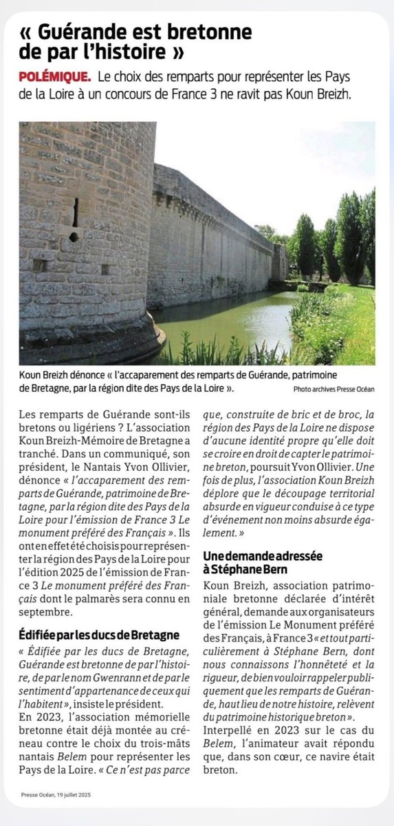 Ce qu’écrit Koun Breizh dans cet article de Presse Océan est exact, les remparts de Guérande relèvent bien sûr du patrimoine breton. La Bretagne aura donc deux chances de gagner, une chance côté mer avec le Pen Duick et une chance côté terre avec les remparts de Guérande. #44BZH