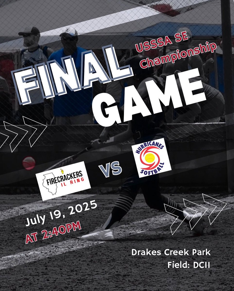 🏆 Championship Bound 🏆
It all comes down to this! Firecrackers IL Ring vs. Hurricanes Softball in the FINAL GAME of the USSSA SE Championship!

📍 Drakes Creek Park – Field DCII
🗓️ July 19, 2025
🕝 2:40 PM

Let’s finish what we started! 💪🧨