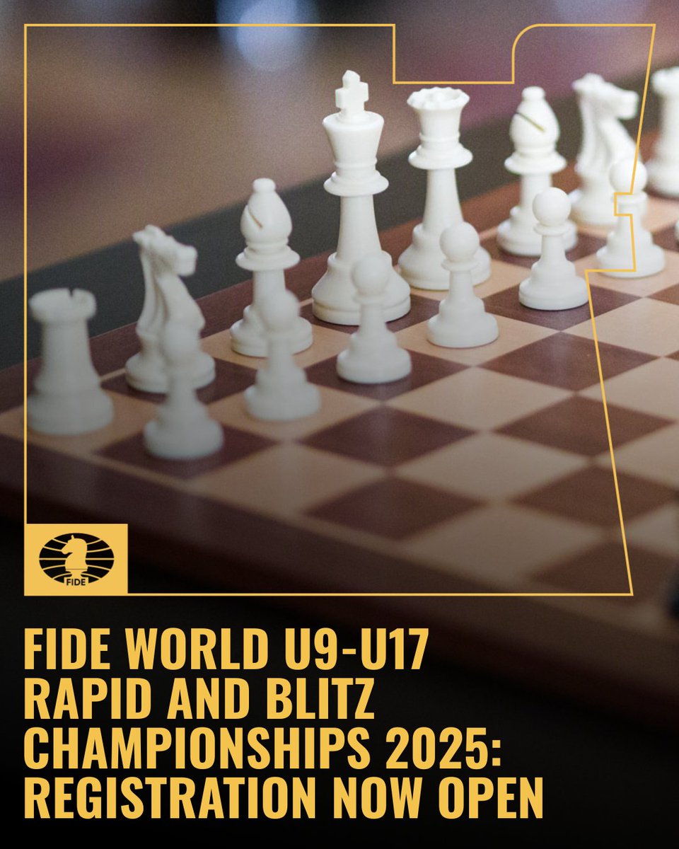 ♟ FIDE World U9-U17 Rapid and Blitz Championships 2025: Registration now open

The International Chess Federation (FIDE) and the Turkish Chess Federation are pleased to announce the FIDE World U9-U17 Rapid &amp; Blitz Championships 2025. The event will take place in 🇹🇷 Antalya,
