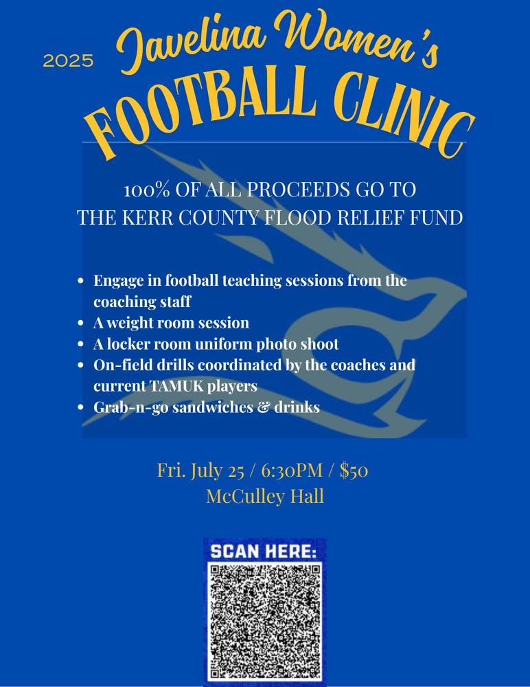 JavelinaFB's tweet image. Less than a week until our Women's Clinic!
All proceeds go to The Kerr County Flood Relief Fund!
#GoJavelinas #TTDB