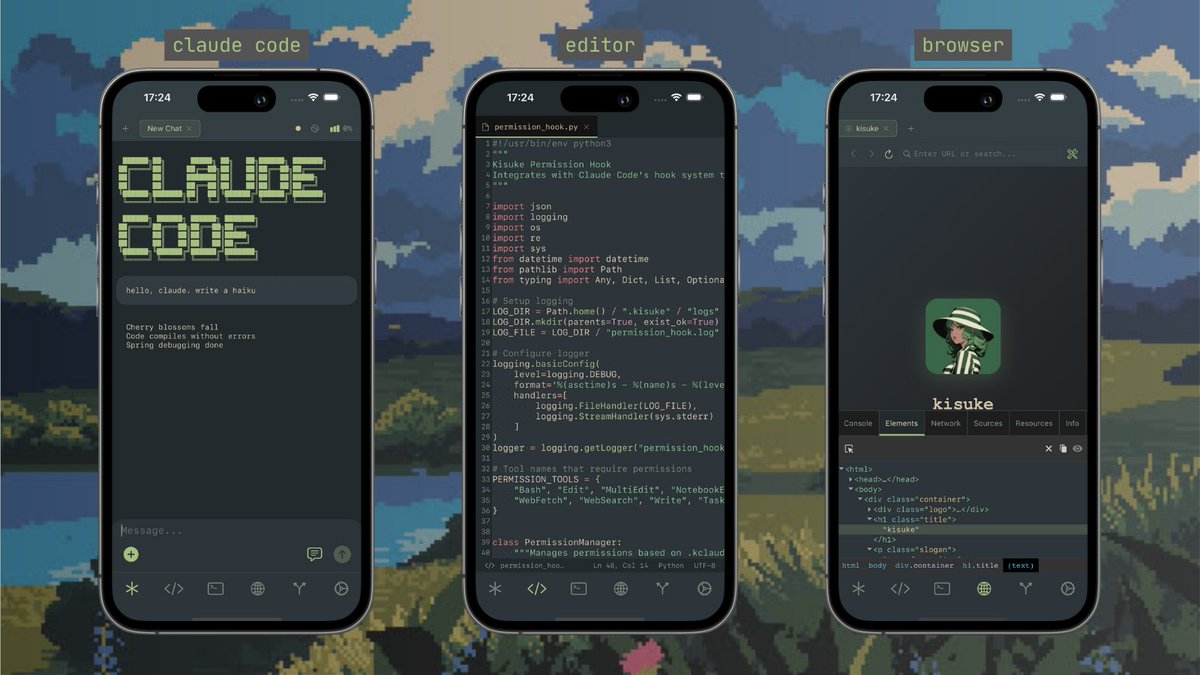 announcing: kisuke, a native ios ide

kisuke is your fav pocket engineer.

you get: 
- claude code (use your anthropic acc + all CC features)
- multi tab terminal
- code editor 
- browser + built-in devtools
- port forwarding (auto-detected and available inapp)