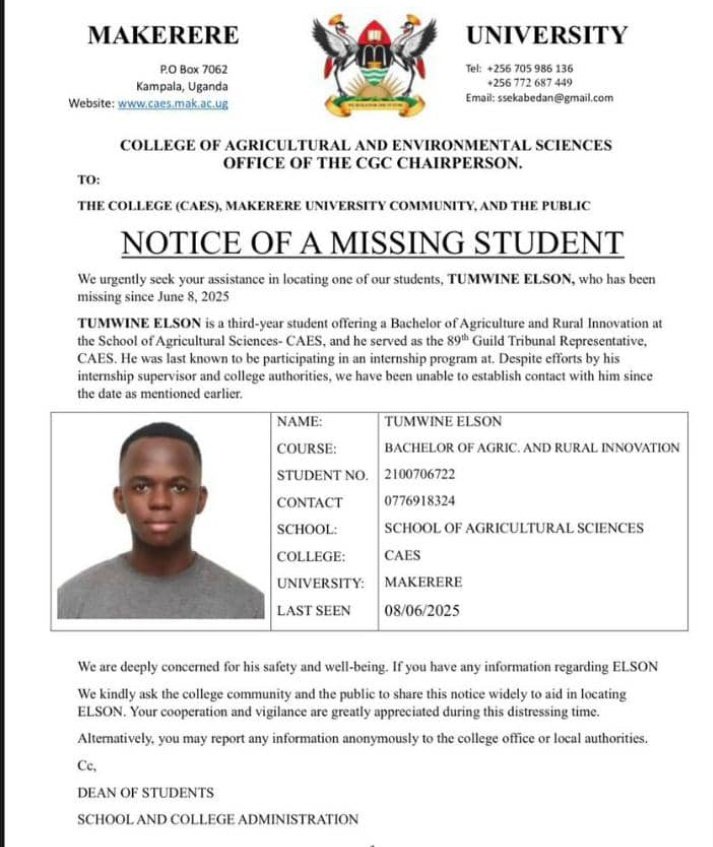 CollinMuki69009's tweet image. Tumwine Elson, a student at Makerere university and a youth leader, was abducted by the state and it is today when we discovered that he is at Entebbe CPS💔💔.We will not stand silent as this regime terrorizes the very generation meant to build and shape this nation. 
#FreeElson