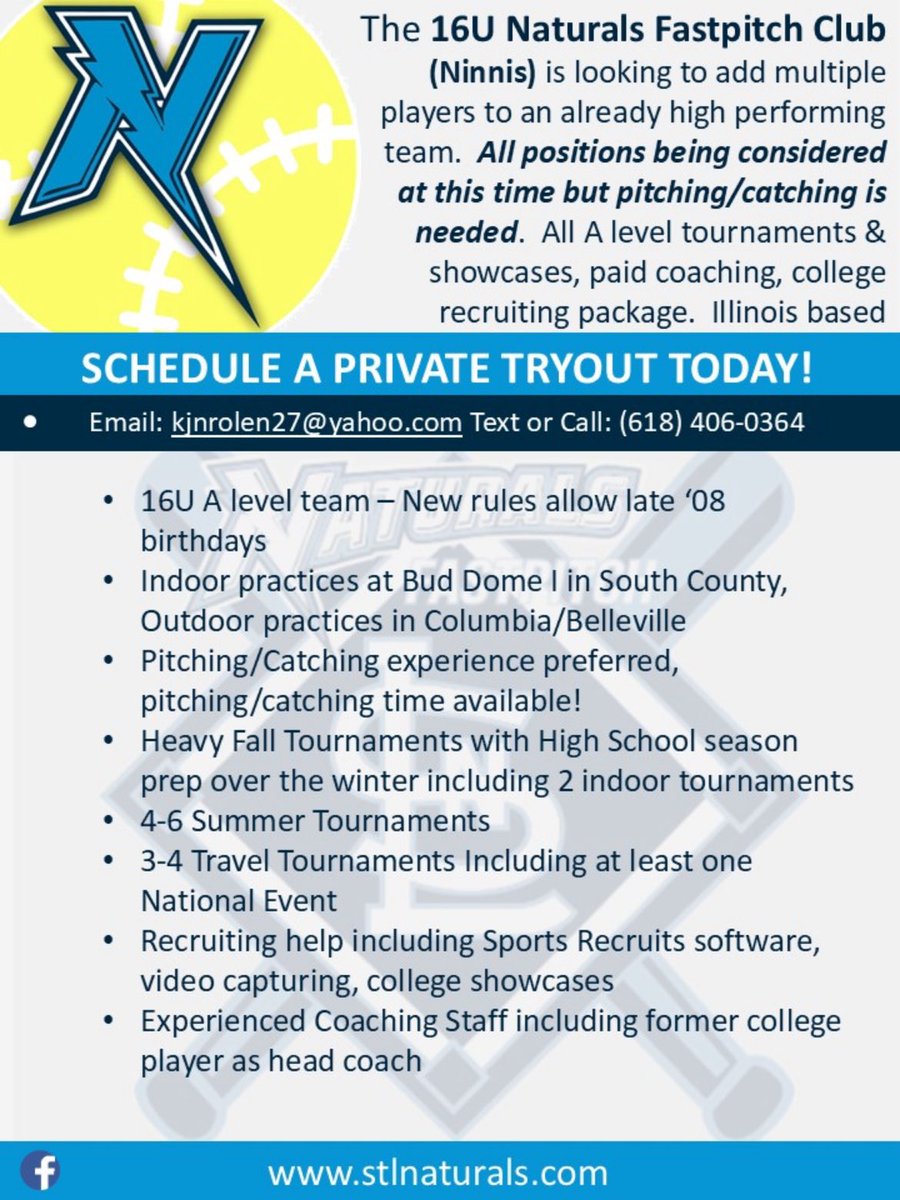We are looking to add 2-3 girls to an already strong 16A roster.  Playing 4-6 tournaments this fall.  Looking for any skilled player but would love to add a 2nd catcher and another pitcher.  See flyer included.  Reach out for private tryout. Act quickly before spots are gone.