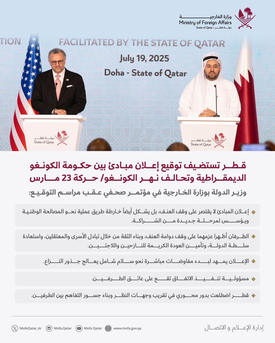 MofaQatar_AR's tweet image. قطر تستضيف توقيع إعلان مبادئ بين حكومة الكونغو الديمقراطية وتحالف نهر الكونغو / حركة 23 مارس
#الخارجية_القطرية