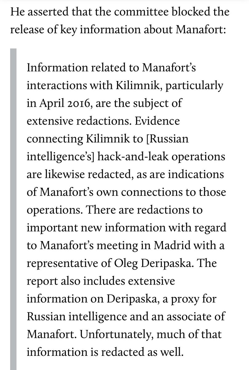 According to Senator Wyden, the Senate Intelligence Committee redacted important information involving Paul Manafort, Konstantin Kilimnik, and Oleg Deripaska from its bipartisan report about Russian interference in the 2016 election. 1/
