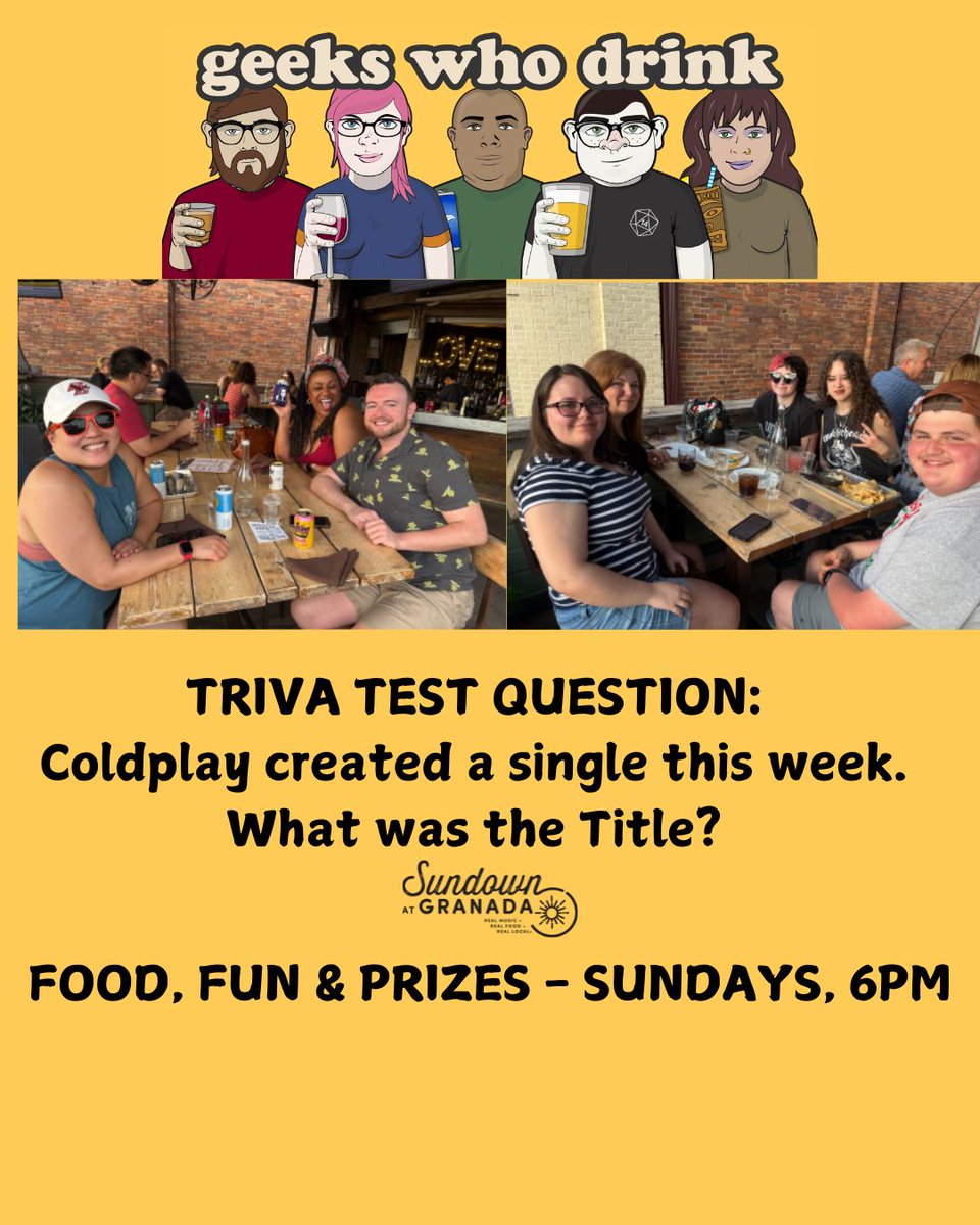A little practice question before tomorrow's (7/20) Geeks Who Drink FREE Trivia Contest! Every Sunday Night at 6pm.  PRIZES🎁 , FOOD🌮 , DRINKS🍺, and FUN😁. 
#geekswhodrink #visitdallas #gamenightdallas #sundownatgranada