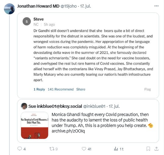 ID_Denmark's tweet image. USA, don't normalize these attack on scientists.
For those who don't know them, Dr. Gandhi is a respected professor of infectious diseases at UCSF. Dr. Howard is a social media influencer who is wants attention.
I wish more would speak up against this behavior.
