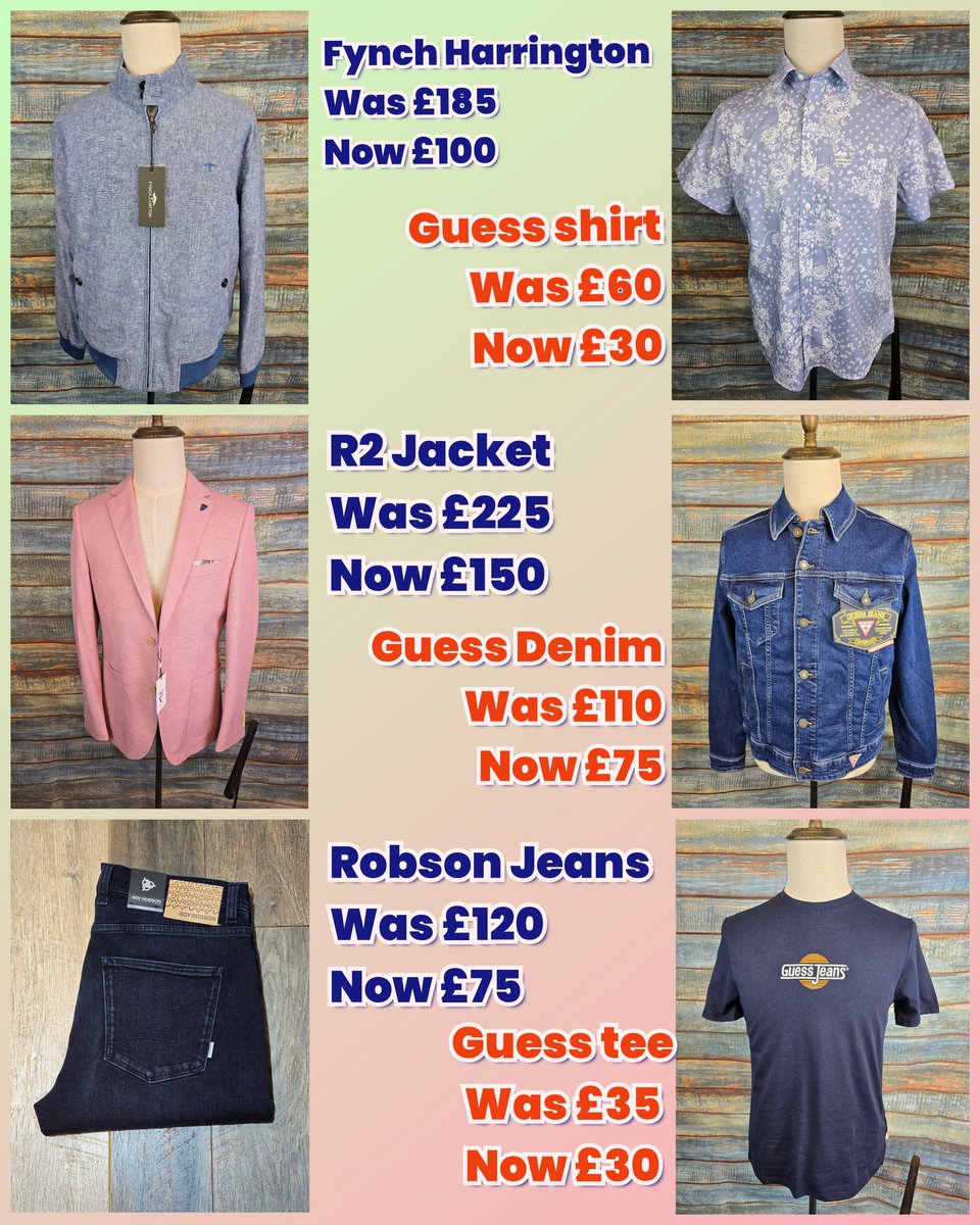We have a few summer offers on at the moment, linen mix Harrington from @fynch_hatton now £100, cotton @guess shirt now £30, @royrobsonfashion denim now £75 #summersale #Abergavenny #Monmouthshire #denim #shirt #teeshirt #mensfashion