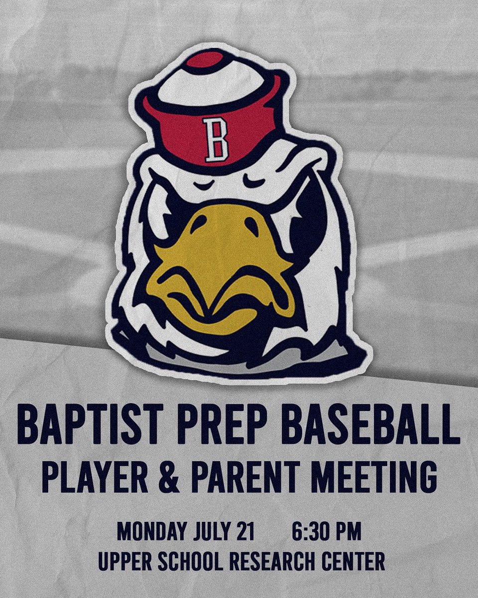 Our Baptist Prep Baseball  Player and Parent Meeting is set for Monday, July 21 at 6:00 PM in the Upper School Research Center.

We’ll cover our vision, motto, pillars, expectations, and more.

#GoEagles